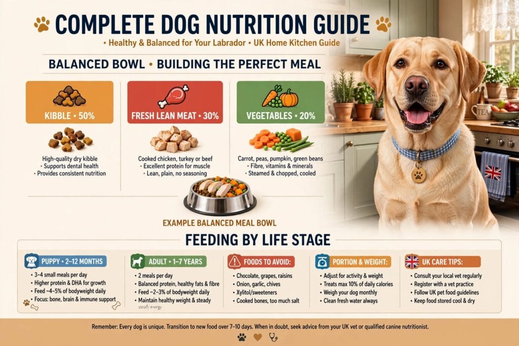 Dog and Cat Care Complete dog nutrition guide UK showing balanced bowl with kibble 50 percent, fresh lean meat 30 percent, vegetables 20 percent and feeding by life stage for Labrador