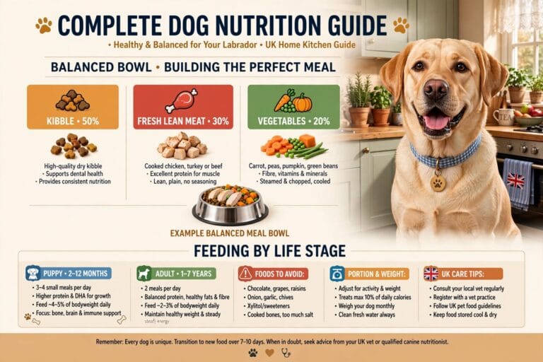 Dog and Cat Care Complete dog nutrition guide UK showing balanced bowl with kibble 50 percent, fresh lean meat 30 percent, vegetables 20 percent and feeding by life stage for Labrador