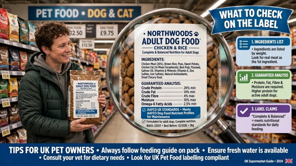 UK woman checking dog food label in supermarket aisle with magnifying glass showing ingredients list and guaranteed analysis for adult dog food