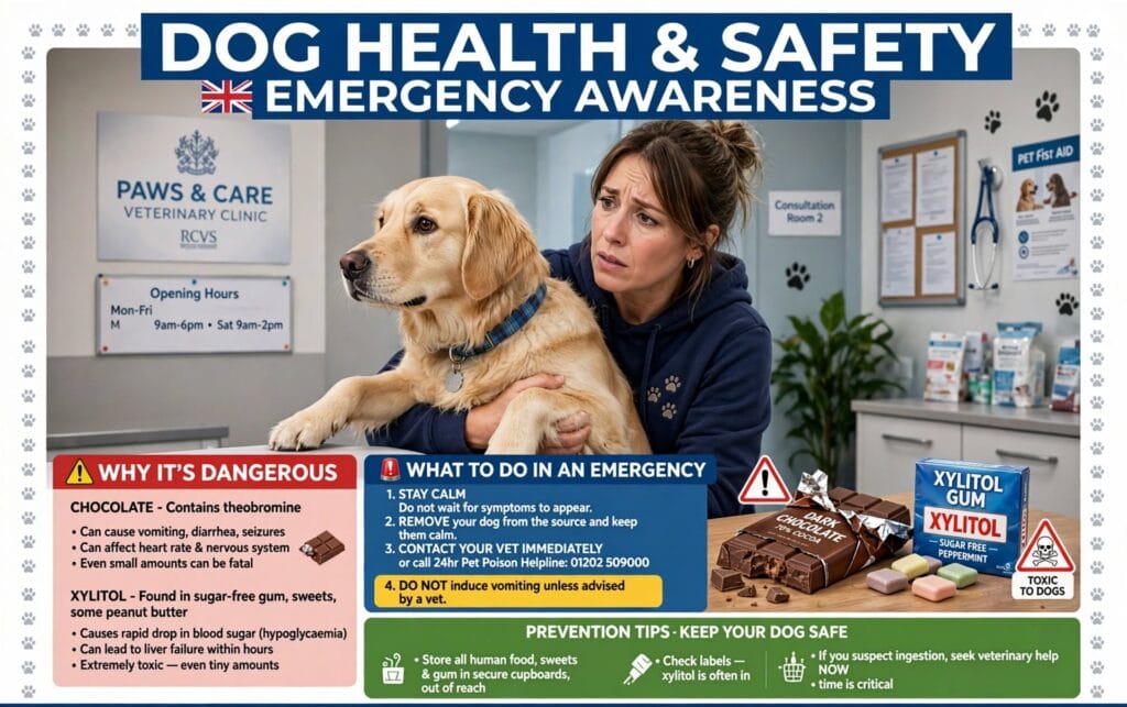 Dog health and safety awareness infographic UK warning about chocolate and xylitol poisoning symptoms and emergency steps