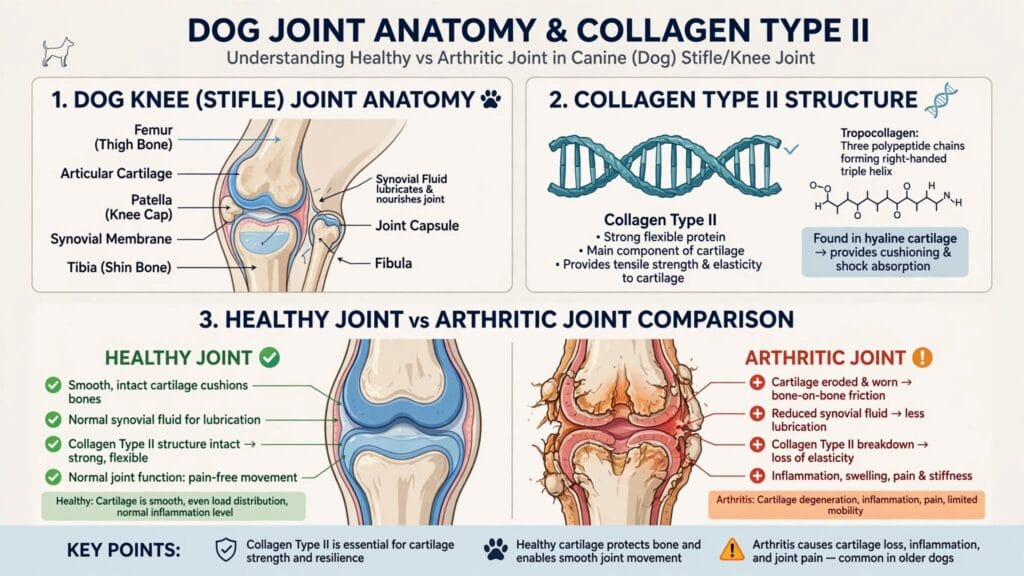 Dog joint anatomy showing cartilage and Type II collagen structure in healthy vs arthritic joint
