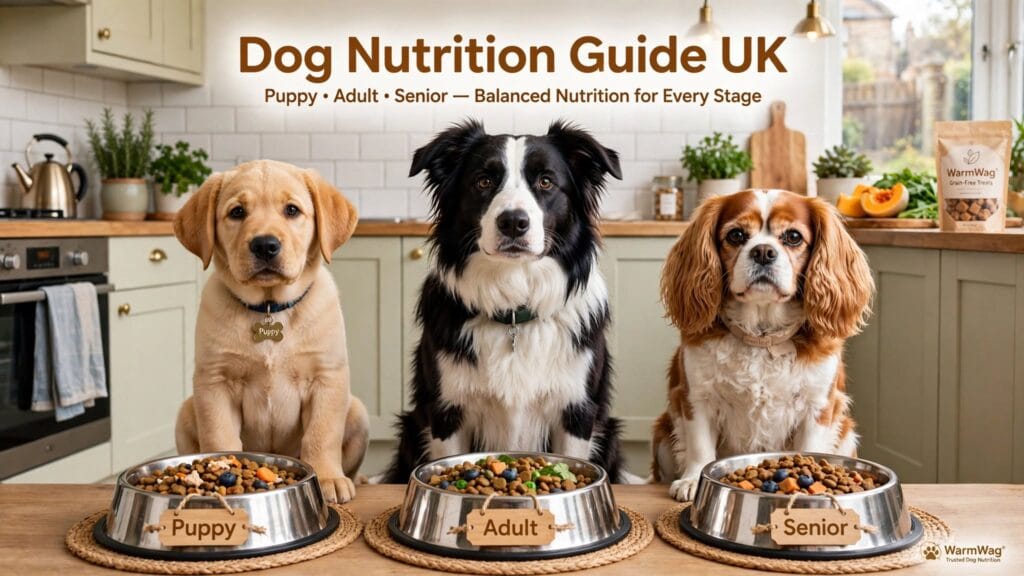 Three dogs of different life stages - Labrador puppy, adult Border Collie, senior dog - with bowls labeled Puppy Adult Senior in bright UK kitchen, WarmWag Dog Nutrition Guide UK hero banner