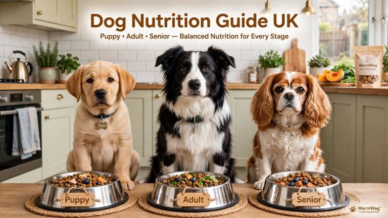 Three dogs of different life stages - Labrador puppy, adult Border Collie, senior dog - with bowls labeled Puppy Adult Senior in bright UK kitchen, WarmWag Dog Nutrition Guide UK hero banner