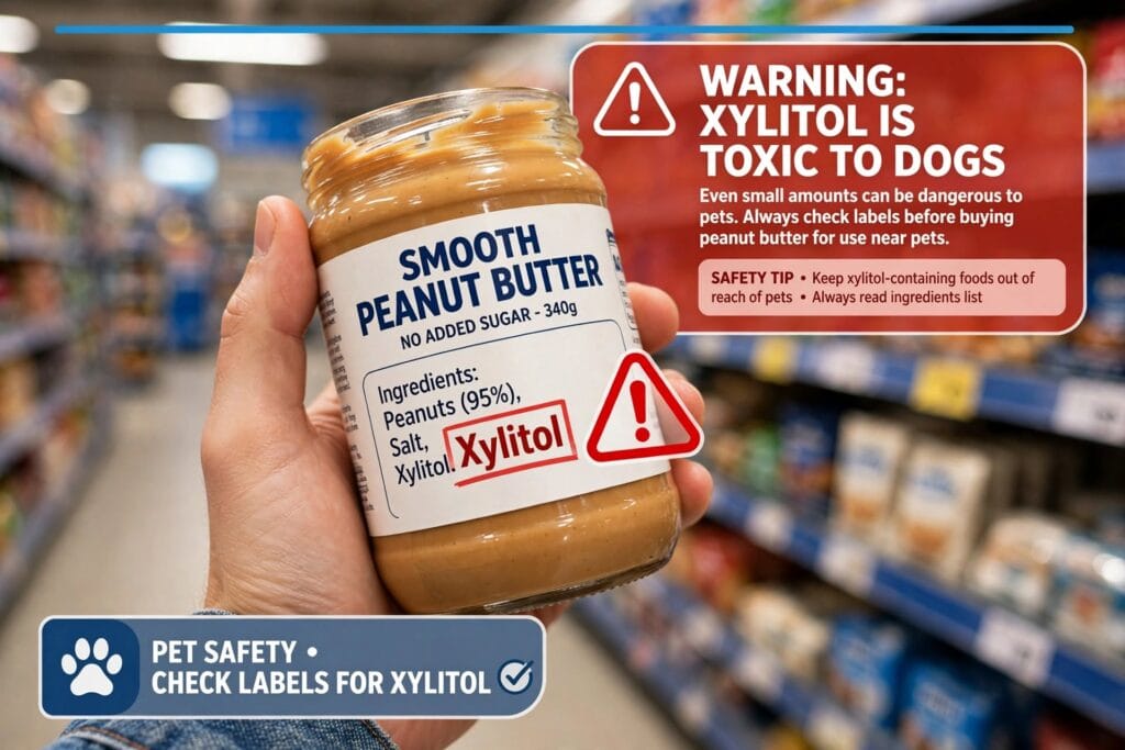 Person checking peanut butter jar label for xylitol which is toxic to dogs UK