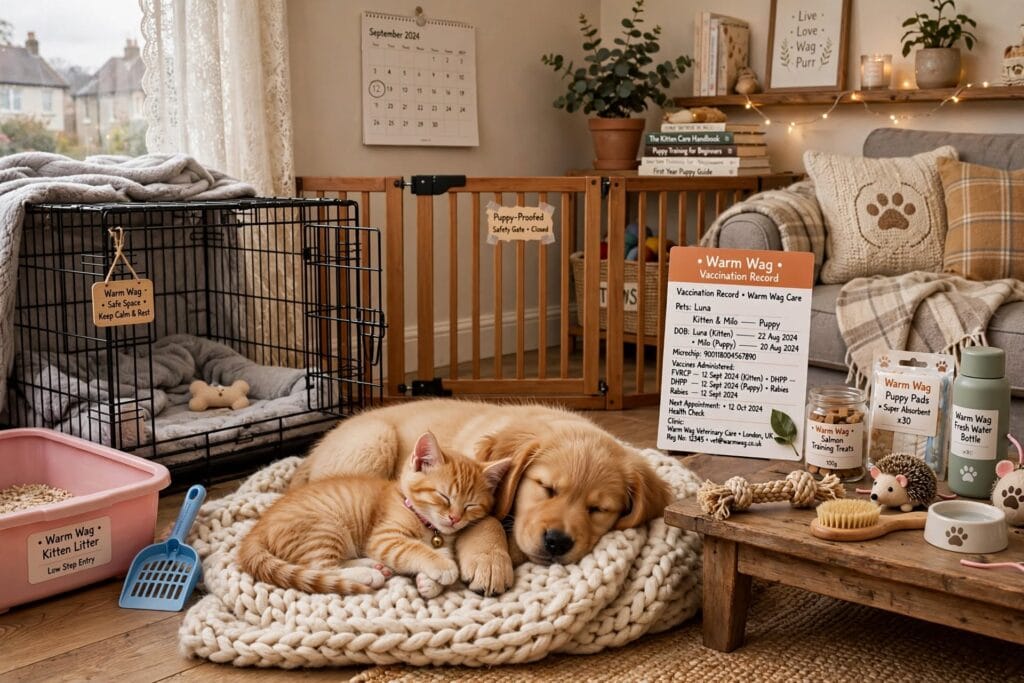 WarmWag puppy and kitten care essentials UK cozy home with crate puppy-proof gate vaccination record litter box and sleeping golden puppy and ginger kitten