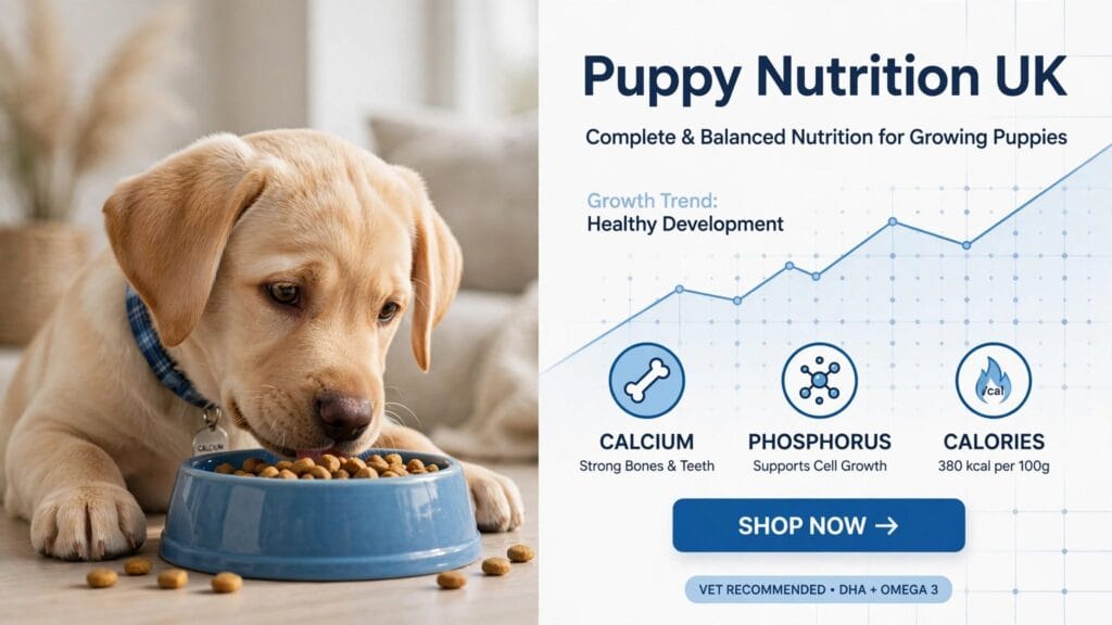 Cute Labrador puppy eating from blue bowl with calcium phosphorus icons and growth chart, puppy nutrition growth stage UK guide infographic