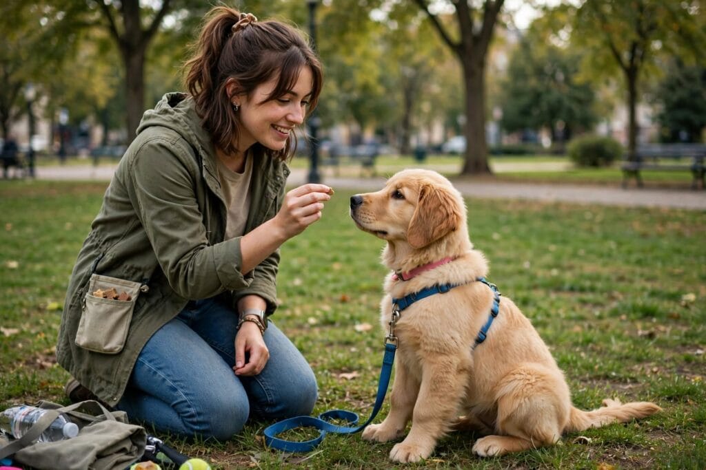 Positive reinforcement dog training basics UK woman training golden retriever puppy sit stay come with treats in park