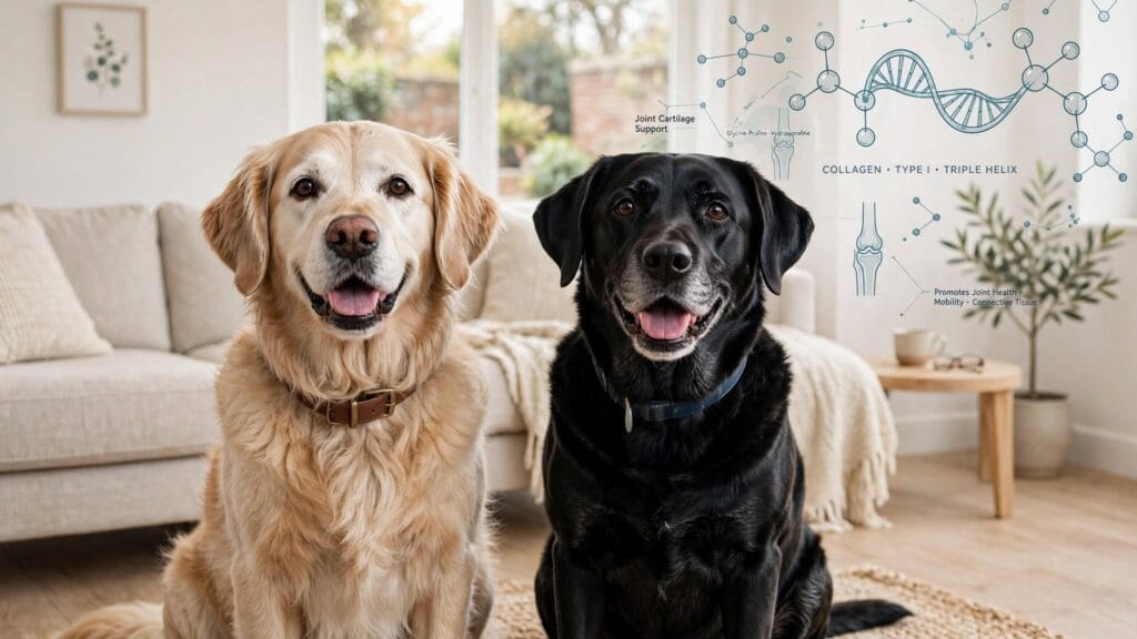 Senior golden retriever and labrador representing collagen for dogs joint health UK evidence guide