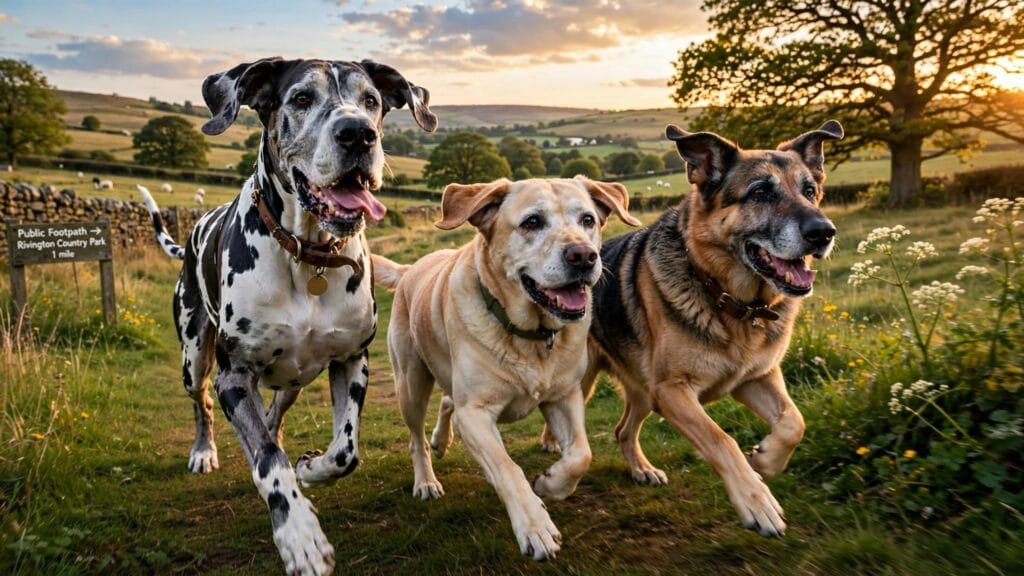 Senior large breed dogs - Great Dane Labrador German Shepherd running in UK countryside - dogs who benefit most from collagen
