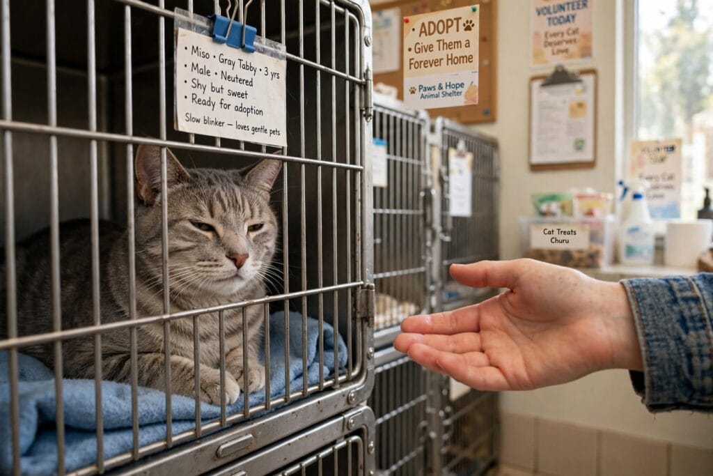 Shelter cat slow blinking at potential adopter, research shows responsive cats get adopted faster