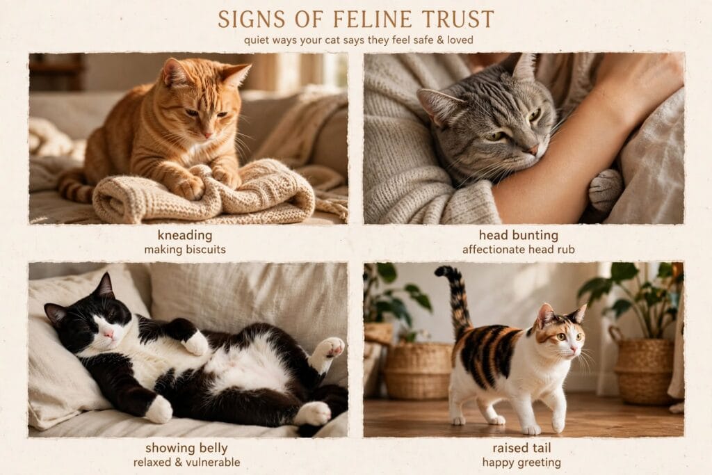 Four signs of feline trust including kneading, head bunting, showing belly, and raised tail greeting