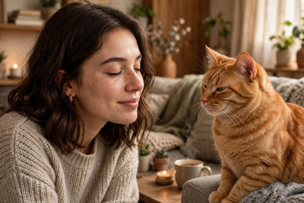 Woman slowly blinking back at her orange tabby cat to build trust and positive communication at home