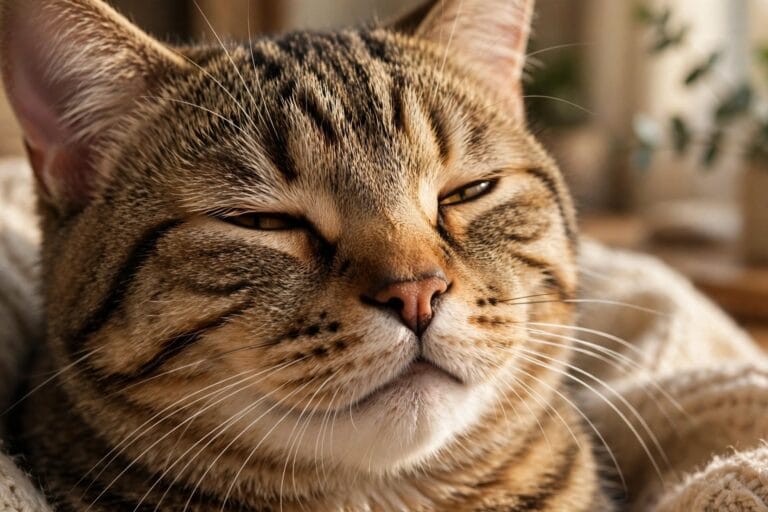 Close-up of a tabby cats slow blink, also known as a cat kiss, showing trust and relaxation