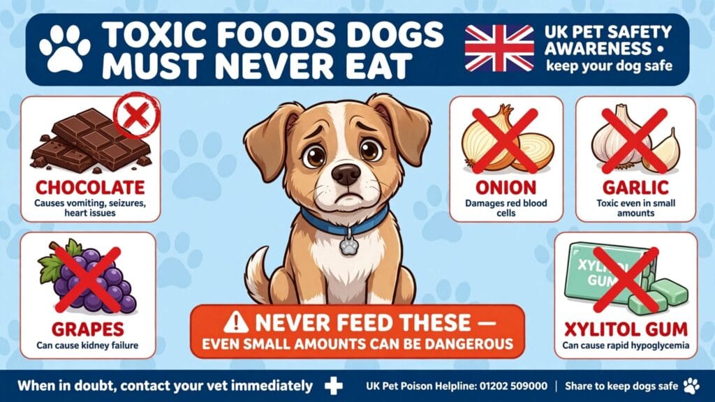 Toxic foods dogs must never eat infographic showing chocolate grapes onion garlic xylitol gum with red X marks and sad puppy in center UK pet safety