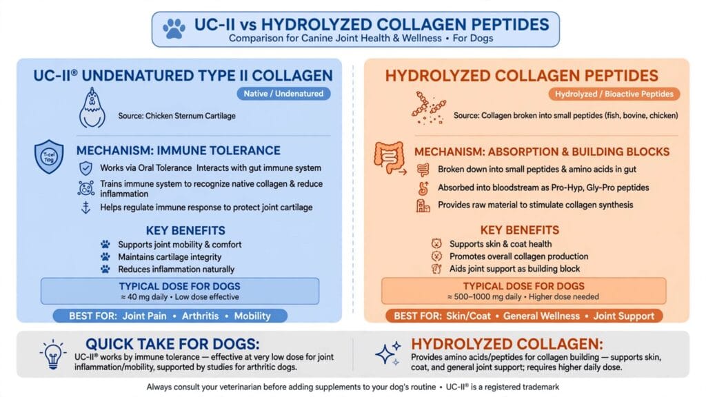UC-II undenatured type II collagen vs hydrolyzed collagen peptides comparison for dogs
Why: Ye sabse important image hai — product type ka difference clear karta hai, dwell time badhayega.