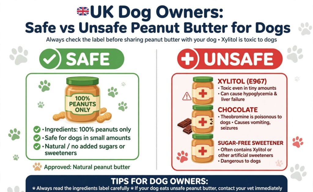 Safe vs unsafe peanut butter for dogs UK infographic showing 100 percent peanuts safe and xylitol chocolate unsafe