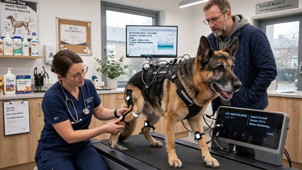 Veterinarian performing gait analysis on German Shepherd for collagen osteoarthritis research in UK vet clinic